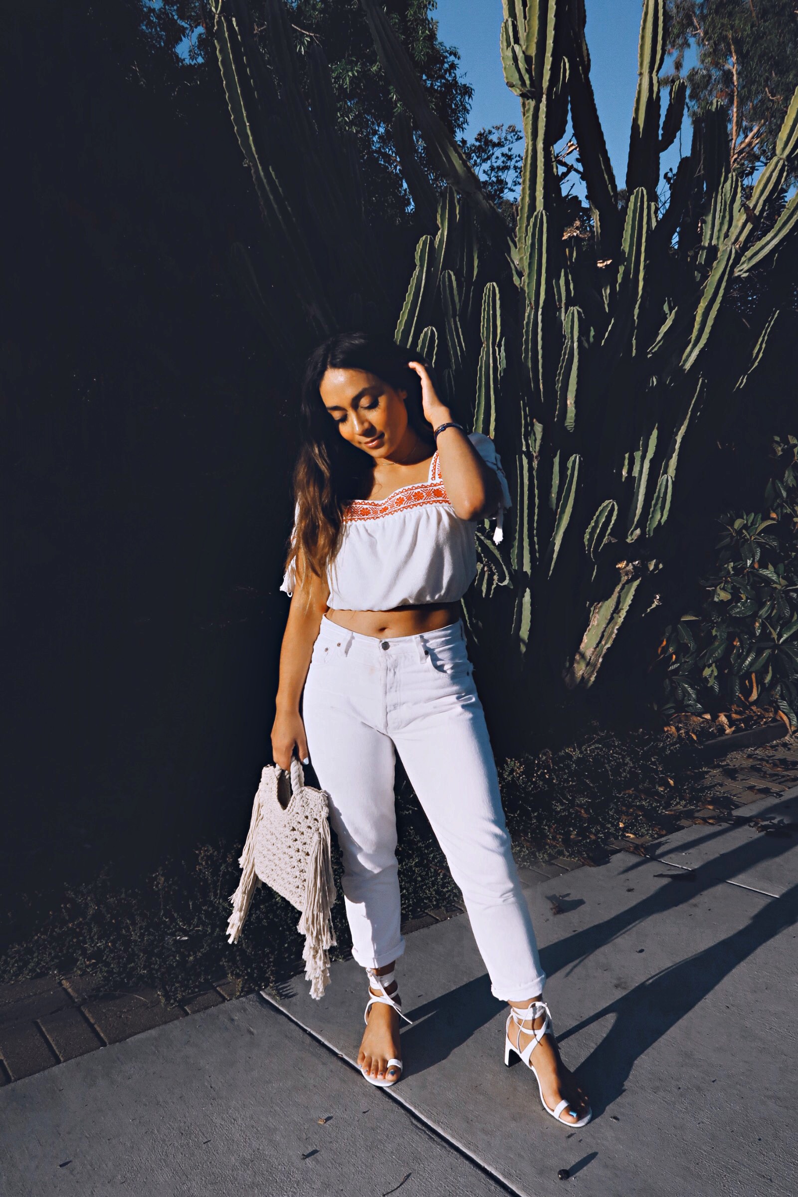 IMLVH_WhoWhatWear_Target_Forever21_embroideredblouse_whitedenim_WhiteForever21LaceUPSandals2